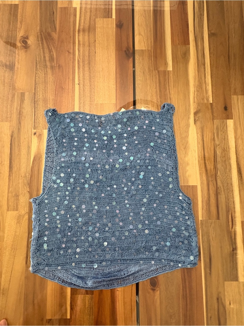 NWT Naked Wardrobe Sz XL Blue Sequin Crocheted Boat Neck See Through Crop Top - Picture 9 of 10